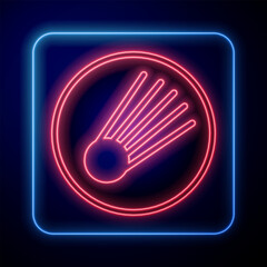 Glowing neon Comet falling down fast icon isolated on black background. Vector