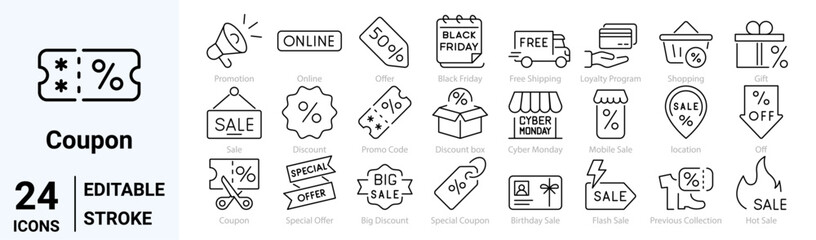 set of 24 line web icons discount, coupon, percent sign ribbon, discount code and more. Collection of Outline Icons. Vector illustration. - obrazy, fototapety, plakaty