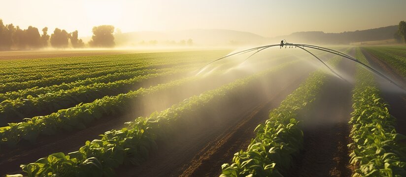 Irrigation system on agricultural soybean field helps to grow plants in the dry season.