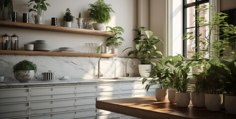 Fototapeta na wymiar a very simple kitchen area with plants and silverware Generative AI