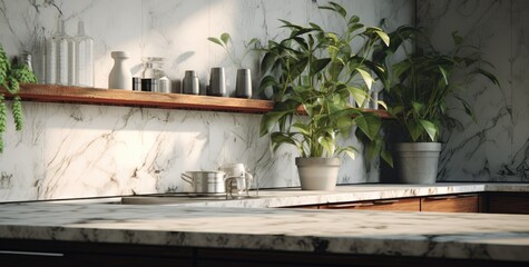 a very simple kitchen area with plants and silverware Generative AI