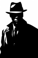 A silhouette of a man in a suit and hat. Digital image.