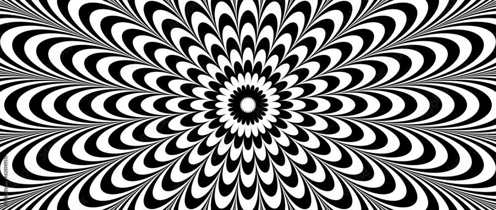 Poster radial optical illusion background. black and white abstract wave lines surface. poster design. conc