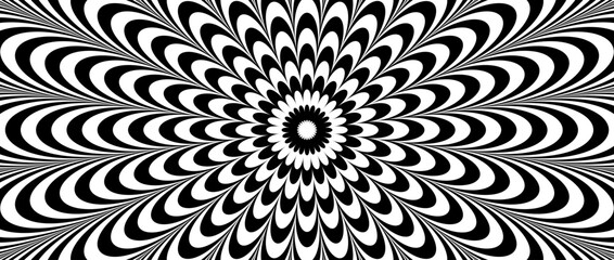 Radial optical illusion background. Black and white abstract wave lines surface. Poster design. Concentric repeating flower illusion wallpaper. Vector op art illustration