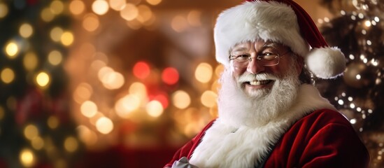 Portrait of happy Santa Claus against beautiful blurred bokeh background.