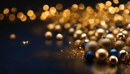 Dark blue and gold particle abstract background - Christmas golden light, shine particles bokeh, navy blue, gold foil texture, holiday concept