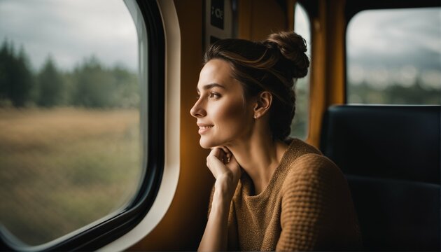 Young female solo traveler enjoys a thoughtful train ride alone with her thoughts, embracing digital detox