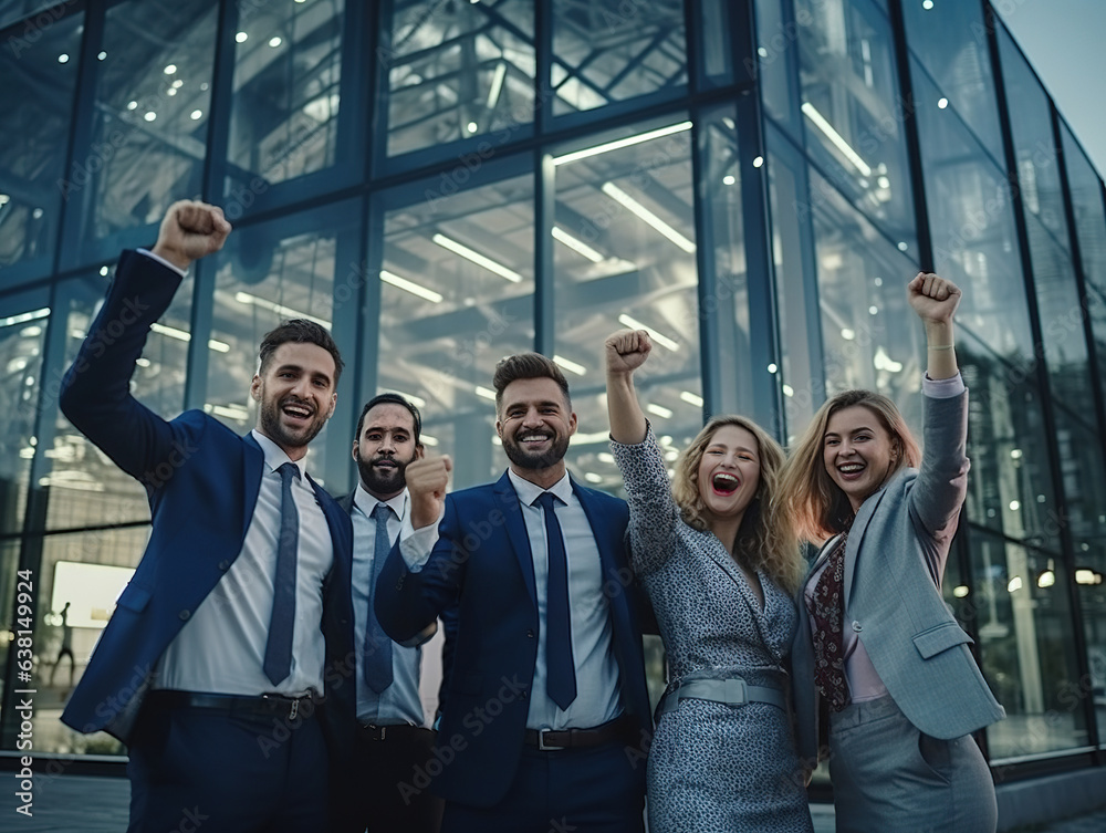 Wall mural group of diverse business people keeping hands up in fists and smiling, outside the office buildings