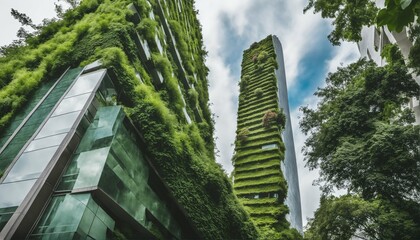 Green skyscraper building with a facade teeming with plants stands proudly in the cityscape, exemplifying commitment to ecology