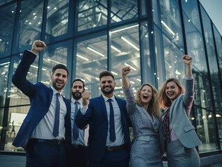 Obraz premium Group of diverse business people keeping hands up in fists and smiling, outside the office buildings.