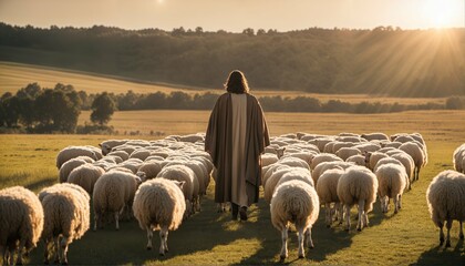 Jesus Christ the shepherd leading sheep and praying to God in a field with bright sunlight