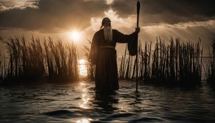 Moses holds his staff as God parts the waters of the Yam Suph (Reed sea) - obrazy, fototapety, plakaty