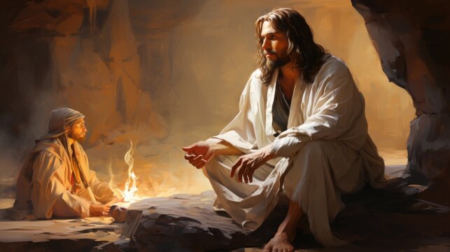 A painting of Jesus sitting on a rock surrounded by people. Digital image.