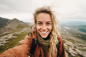 Young woman taking a selfie amidst mountain hiking