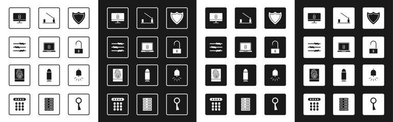 Set Shield, Laptop and lock, Barbed wire, Lock on computer monitor, Open padlock, Parking car barrier, Ringing alarm bell and Fingerprint icon. Vector