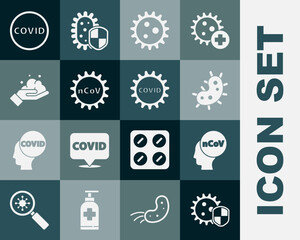 Set Shield protecting from virus, Corona 2019-nCoV, Virus, Washing hands with soap, covid-19 and icon. Vector