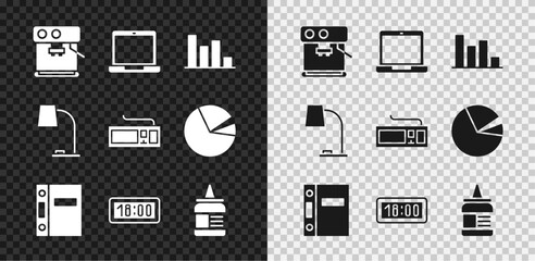 Set Coffee machine, Laptop, Pie chart infographic, Office folders, Digital alarm clock, Glue, Table lamp and Keyboard icon. Vector