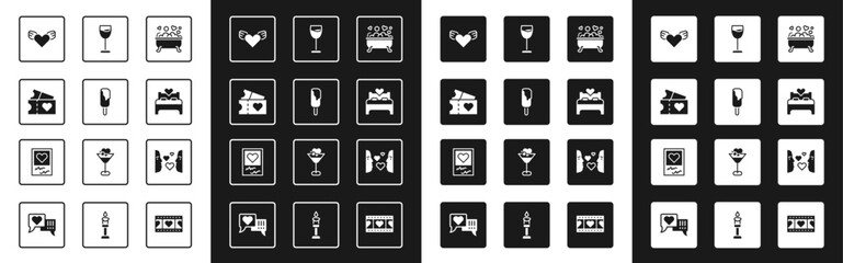 Set Romantic in bathroom, Ice cream, Love ticket, Heart with wings, Bedroom, Wine glass, first sight and Photo frames and hearts icon. Vector