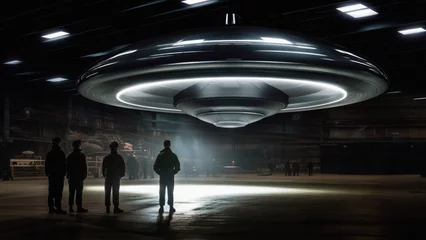 Papier Peint photo UFO Flying saucer hidden in a government warehouse