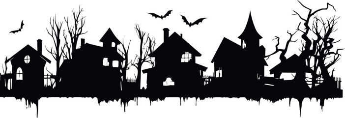 Small cartoon town silhouette houses trees black and white. Vector Illustration with fairy town silhouette. Halloween villgae silhouette vector illustration.