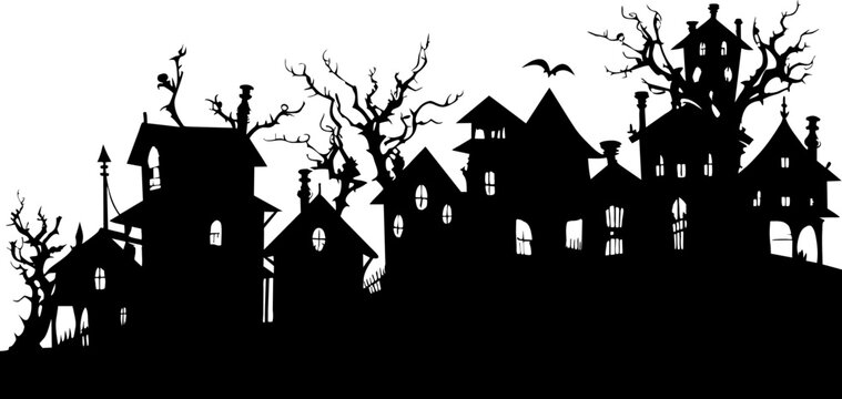 Small cartoon town silhouette houses trees black and white. Vector Illustration with fairy town silhouette. Halloween villgae silhouette vector illustration.