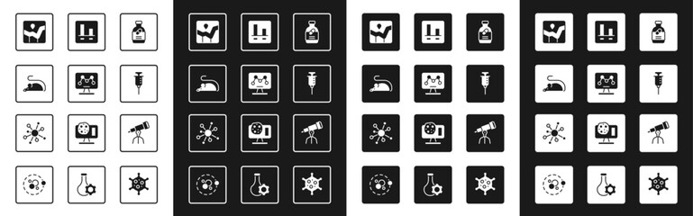 Set Medicine bottle and pills, Genetic engineering, Experimental mouse, Graph chart infographic, Syringe, Telescope and Molecule icon. Vector