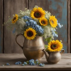 vase with fresh sunflowers and flowers.