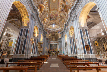 NAPLES, ITALY - APRIL 20, 2023: The nave of baroque church Basilica di Santa Maria degli Angeli a...