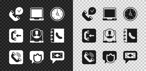 Set Telephone handset, Laptop, Clock, Speech bubble chat, Stacks paper money cash, Incoming call and 24 hours support icon. Vector