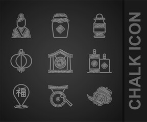 Set Gong musical instrument, Magic fog or smoke, Firework, Chinese New Year, paper lantern, and Asian woman icon. Vector
