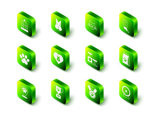 Set Dog, Cat, Drinker for small pets, Bag of food, Hamster wheel, scratching post with toy, Pet award symbol and icon. Vector