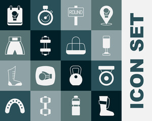 Set Sport boxing shoes, Boxing gong, Punching bag, ring board, Dumbbell, short, glove and icon. Vector