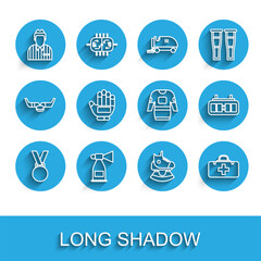 Set line Medal, Air horn, Hockey judge, referee, arbiter, Skates, First aid kit, glove, mechanical scoreboard and jersey icon. Vector