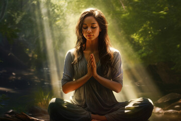 Morning Meditation in Nature: A peaceful and happy Asian woman practices yoga and meditation in a beautiful green park, finding inner peace, balance, and harmony in her spiritual journey. - obrazy, fototapety, plakaty