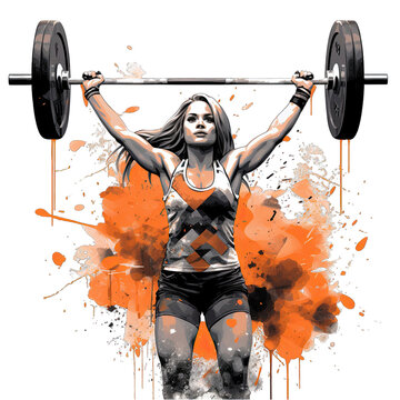 A woman lifting a barbell with vibrant orange paint splatters