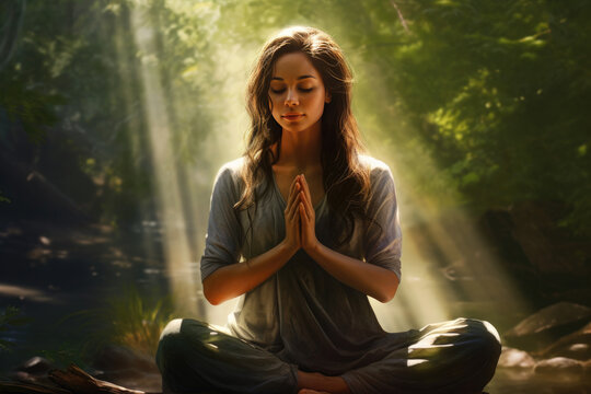 Morning Meditation in Nature: A peaceful and happy Asian woman practices yoga and meditation in a beautiful green park, finding inner peace, balance, and harmony in her spiritual journey.
