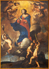 NAPLES, ITALY - APRIL 20, 2023: The painting of Immaculate Conception in church Basilica di Santa Maria degli Angeli a Pizzofalcone by Massimo Stanzione (1585 – 1656).