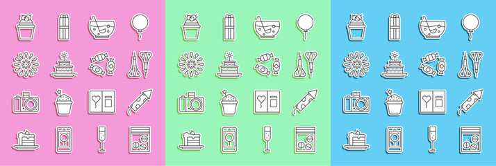 Set line Plastic bag of drug, Firework rocket, Dart arrow, Mixed punch in bowl, Cake with burning candles, and Candy icon. Vector