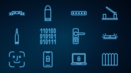 Set line Garden fence wooden, Flasher siren, Password protection, Binary code, Bullet, Thief eye mask, Door handle and icon. Vector
