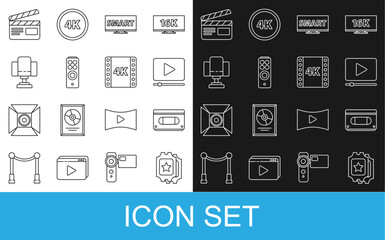 Fototapeta premium Set line Cinema ticket, VHS video cassette tape, Online play, Screen tv with Smart, Remote control, Director movie chair, Movie clapper and 4k movie, frame icon. Vector