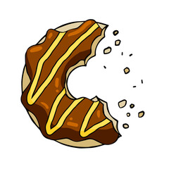 Bitten Donut with chocolate glaze. Sweet sugar dessert with icing. Outline cartoon illustration isolated on white background