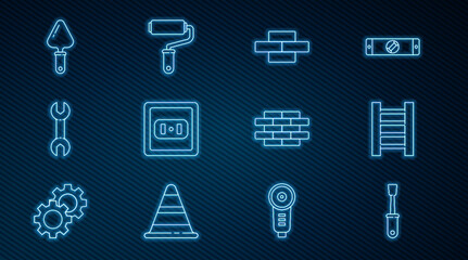 Set line Screwdriver, Wooden staircase, Bricks, Electrical outlet, Wrench spanner, Trowel, and Paint roller brush icon. Vector