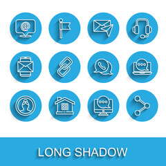 Set line Create account screen, House, Mail and e-mail, Chat messages notification on monitor, Share, Chain link, laptop and Telephone with speech bubble chat icon. Vector