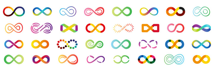 Infinity abstract multicolor signs set. Unlimited infinity collection icons flat style. Vector illustration