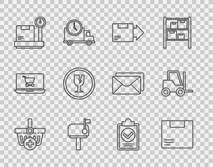 Set line Add to Shopping basket, Carton cardboard box, Mail, Scale with, Fragile broken glass, Verification of delivery list clipboard and Forklift truck icon. Vector