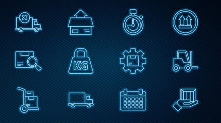 Set line Delivery hand with boxes, Forklift truck, Stopwatch, Weight, Search package, cargo vehicle, Gear wheel and Carton cardboard icon. Vector