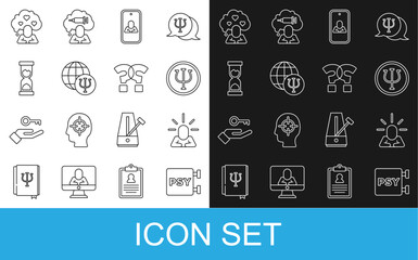 Set line Psychology, Psi, Depression, Psychologist online, Old hourglass, Broken heart or divorce and Question mark icon. Vector