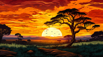 Scenic view of serengeti national park during sunrise in landscape comic style. World Heritage Site teeming with wildlife. Digital illustration generative AI.