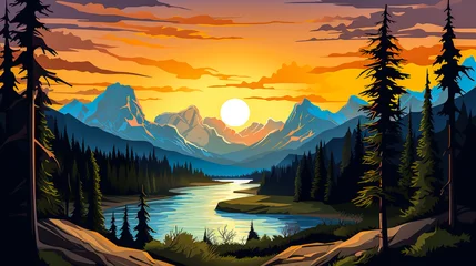Poster Scenic view of Banff national park during sunrise in landscape comic style. Digital illustration generative AI. © Tepsarit