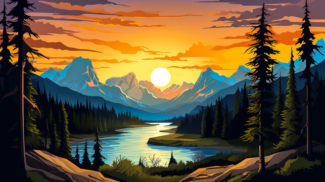 Scenic view of Banff national park during sunrise in landscape comic style. Digital illustration generative AI.